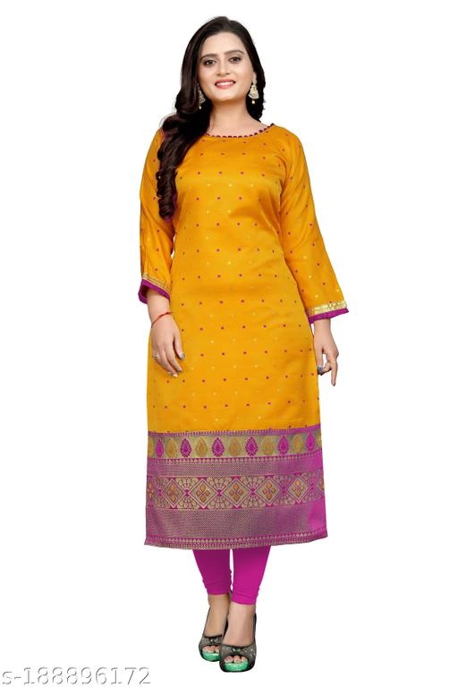 Banarasi Silk Printed Kurti for Women (Yellow & Pink, M)