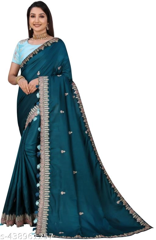 Satin Embroidered Saree for Women (Teal, 6.3 m)