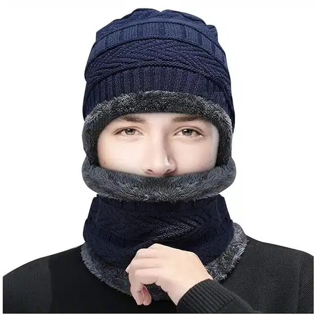 Woolen Solid Cap with Neck Warmer for Men (Black, Set of 1)