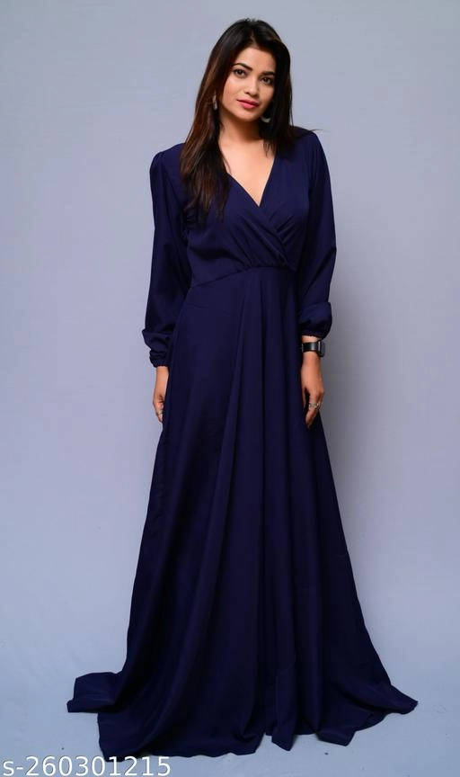 Crepe Solid Gown for Women (Navy Blue, XS)