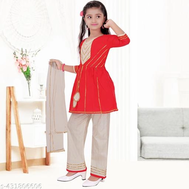 Poly Silk Kurta Sets for Girls (Red & White, 2-3 Years)