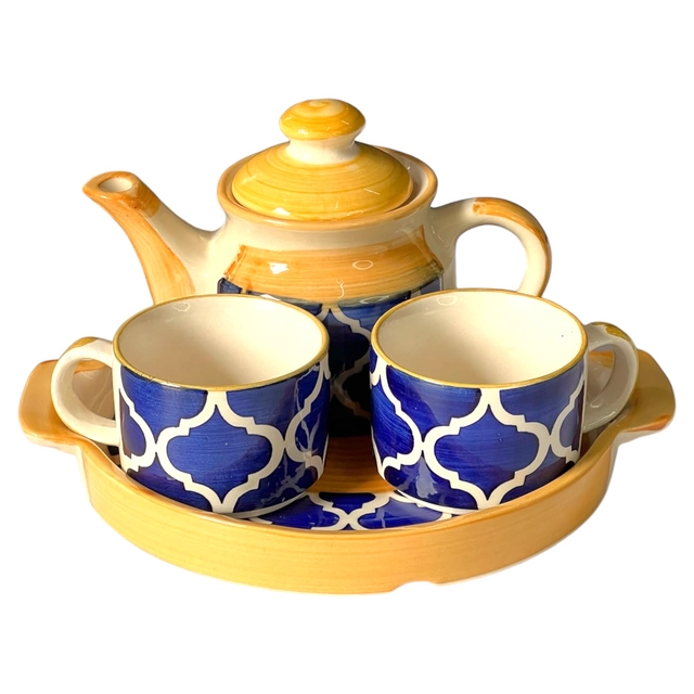 Ceramic Tea Kettle Set with 2 Pcs Cups (2x180 ml) (Yellow & Blue, Set of 1)