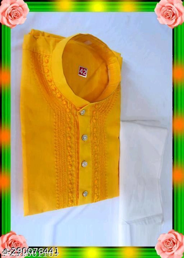 Cotton Embroidered Kurta with Pyjama for Men (Yellow & White, M)