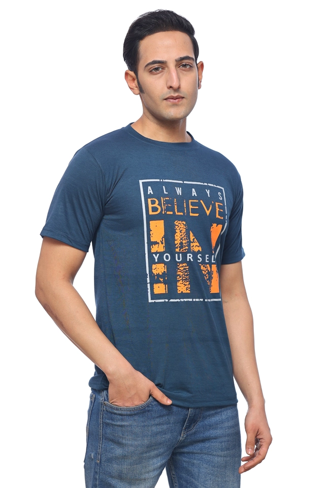 Round Neck Printed T-Shirt for Men (Blue, M)