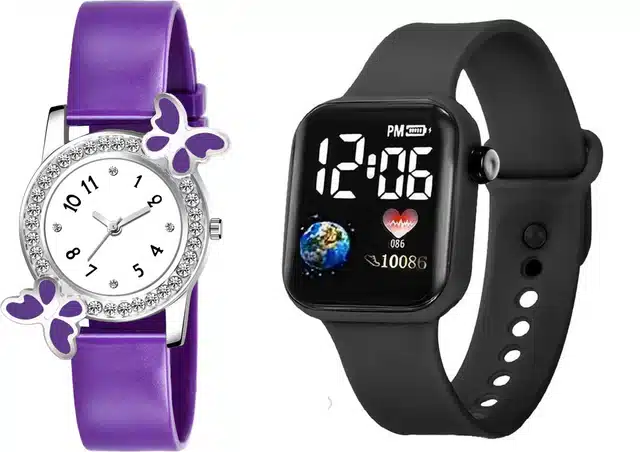 Analog & Smart Watch Combo for Women & Girls (Purple & Black, Pack of 2)