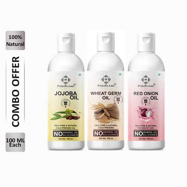 PuriFlame Pure Jojoba Oil (100 ml) & Wheat Germ Oil (100 ml) & Red Onion Oil (100 ml) Combo For Rapid Hair Growth (Pack Of 3) (B-5342)