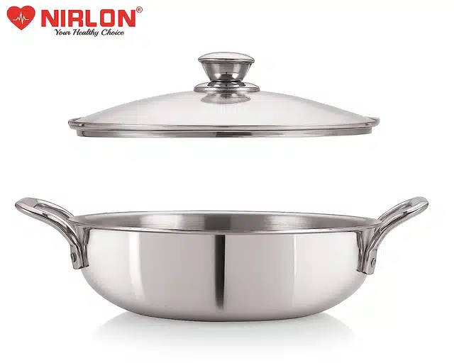 NIRLON Tri-Ply Stainless Steel Kadai with Lid (Silver & Transparent, 2500 ml)