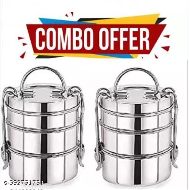 Stainless Steel 3 Compartment Lunch Box (Silver, Pack of 2)