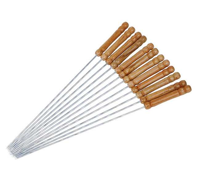 Barbecue Skewers For Bbq Tandoor Grill Stainless Steel Stick With Wooden Handle (Pack Of 10) (A-122)