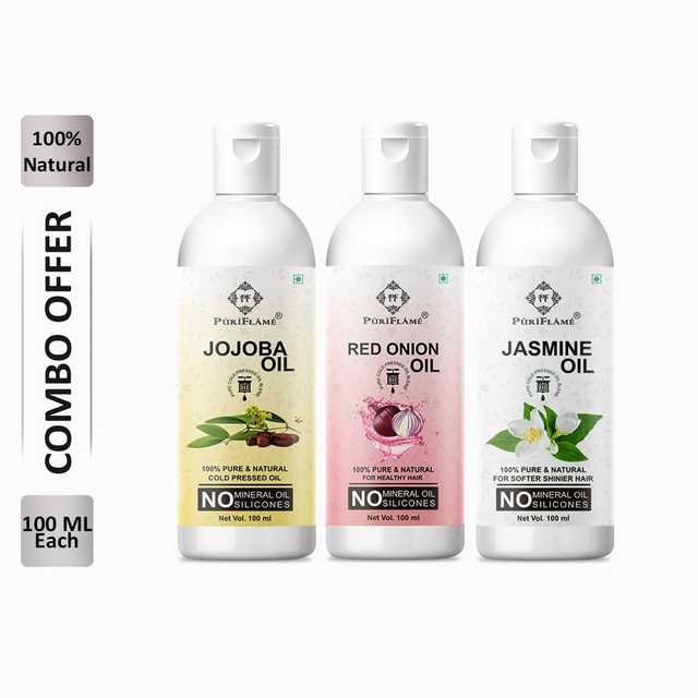 PuriFlame Pure Jojoba Oil (100 ml) & Red Onion Oil (100 ml) & Jasmine Oil (100 ml) Combo For Rapid Hair Growth (Pack Of 3) (B-5265)