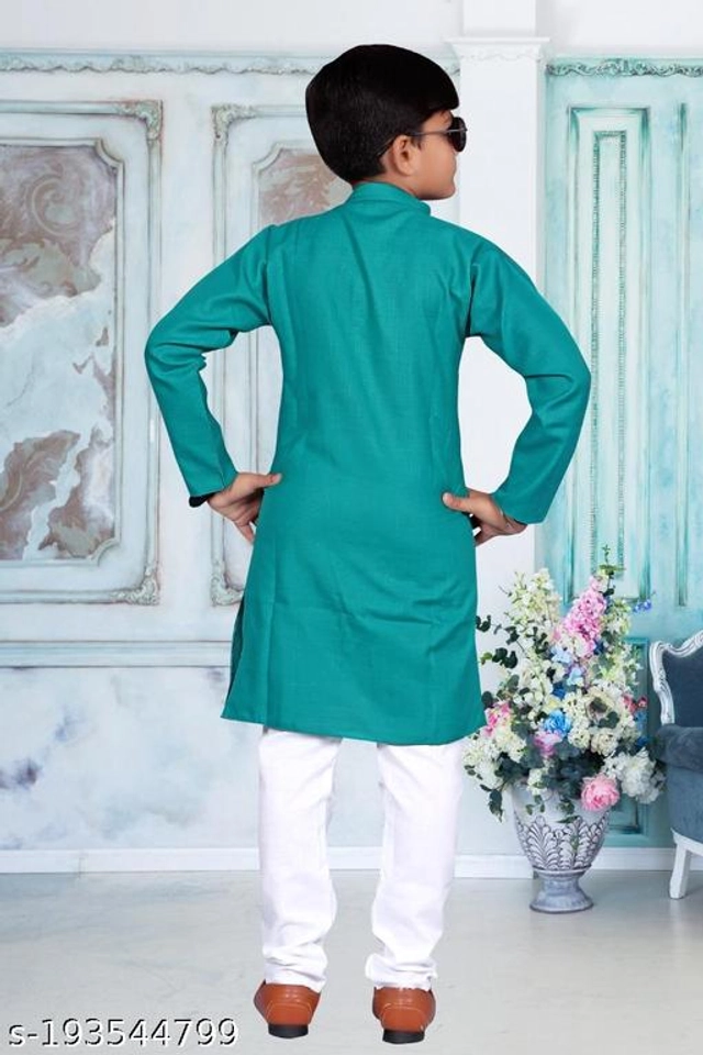 Cotton Blend Kurta Sets for Boys (2-3 Years, Turquoise & White)