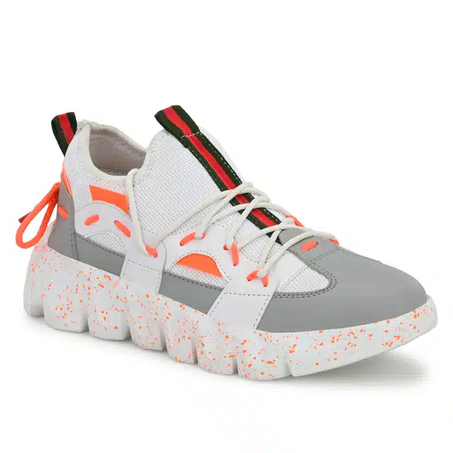 Men's Lace Up Sports Shoes (White & Orange, 10) (JF-15)