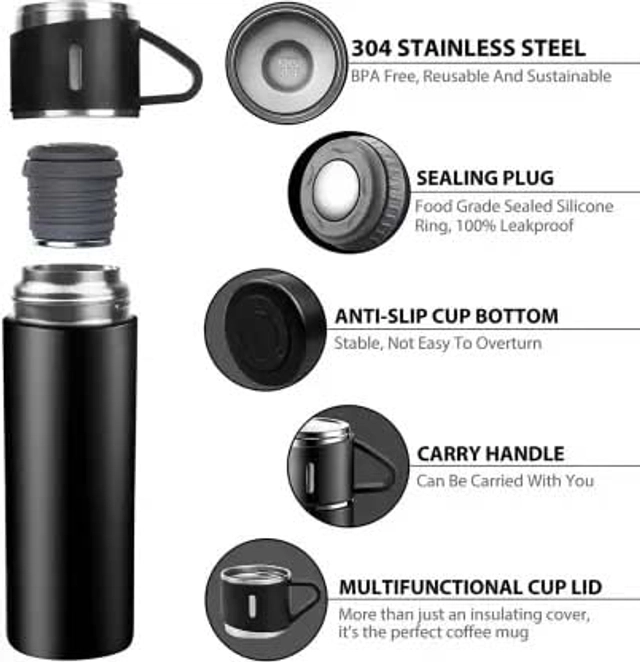 Stainless Steel Vacuum Flask Set with 2 Cups (Multicolor, 500 ml)