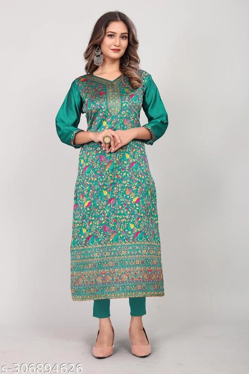 Pashmina Embroidered Kurti for Women (Green, L)