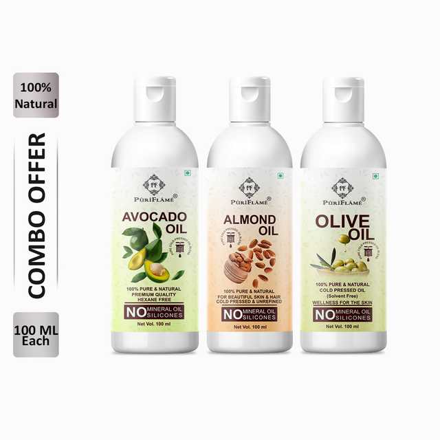 PuriFlame Pure Avocado Oil (100 ml) & Almond Oil (100 ml) & Olive Oil (100 ml) Combo For Rapid Hair Growth (Pack Of 3) (B-2280)