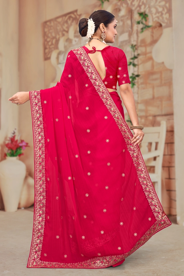 Chiffon Embroidery Saree for Women (Red, 6.3 m)