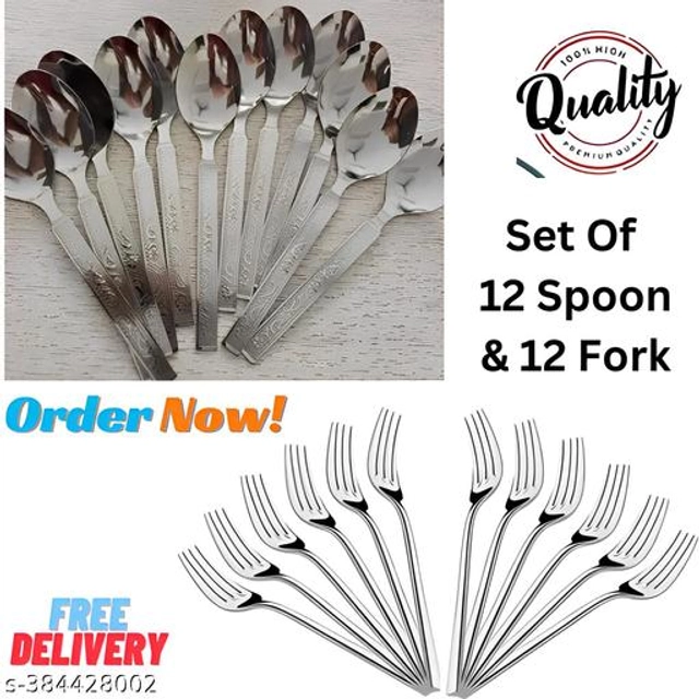 Stainless Steel 12 Pcs Spoons with 12 Pcs Forks (Silver, Set of 2)