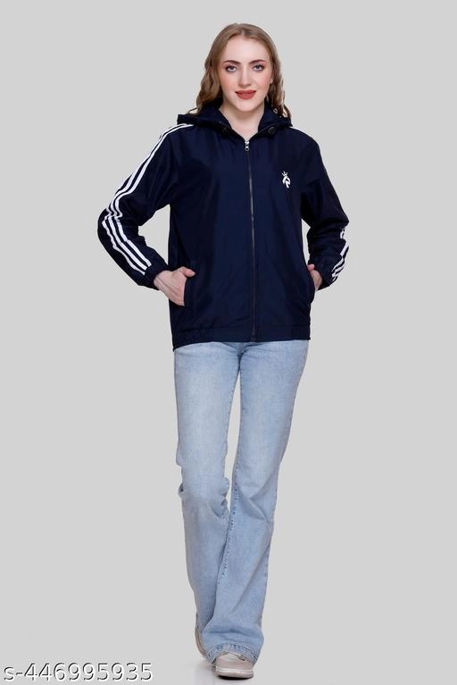 Nylon Solid Jackets for Women (Navy Blue, M)