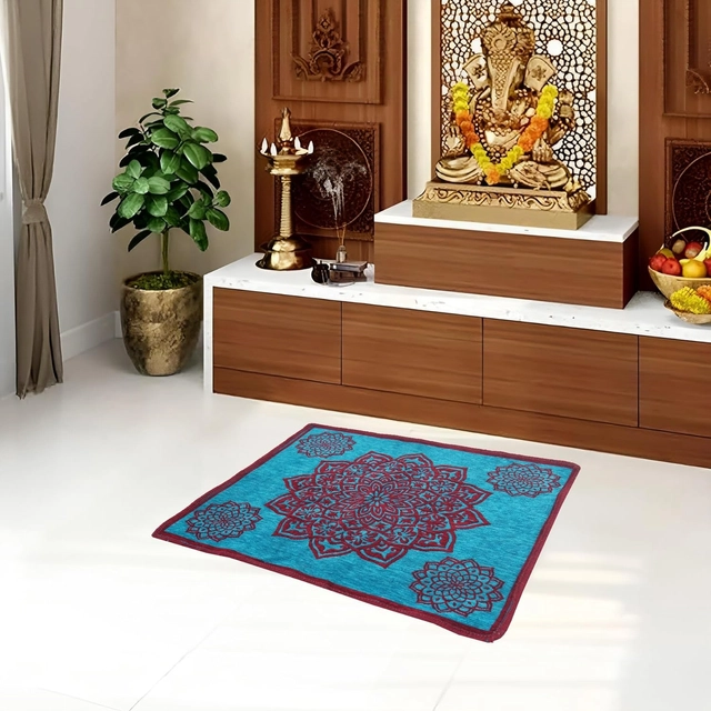 Chenille Velvet Pooja Mats (Teal, 60x60 cm)