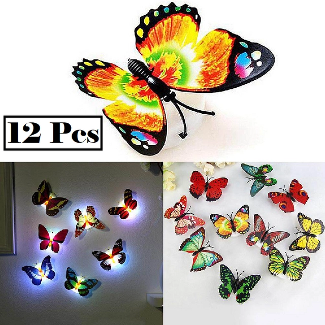 Plastic LED 3D Butterfly Wall Stickers (Multicolor, Pack of 12)