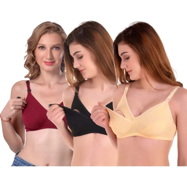 Polycotton Non Padded Bras for Women (Multicolor, 32) (Pack of 3)