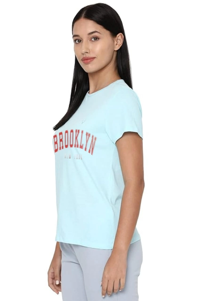 Round Neck Printed T-Shirt for Women (Aqua Blue, S)