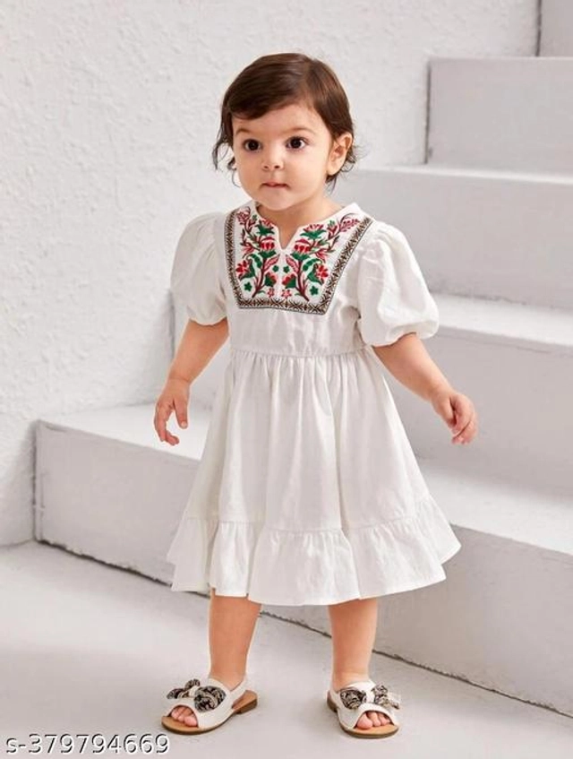 Cotton Printed Frock for Girls (White, 0-3 Months)