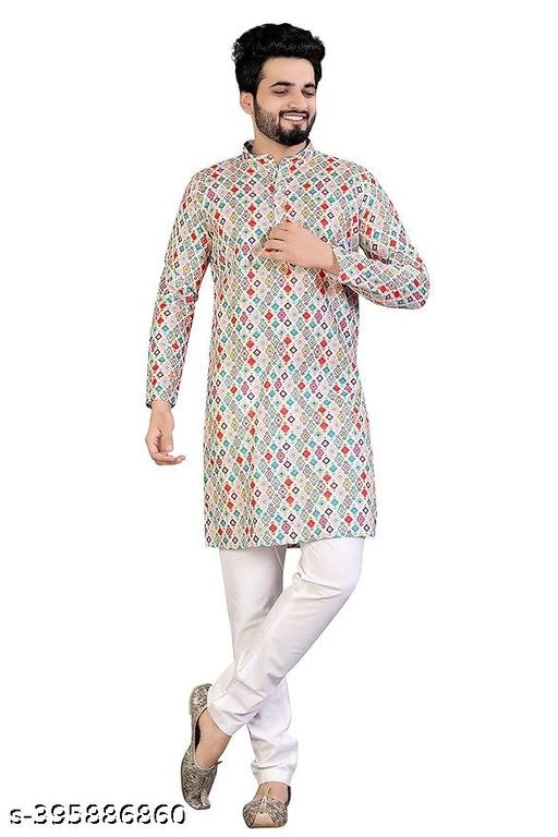 Cotton Blend Printed Kurta for Men (S, Multicolor)