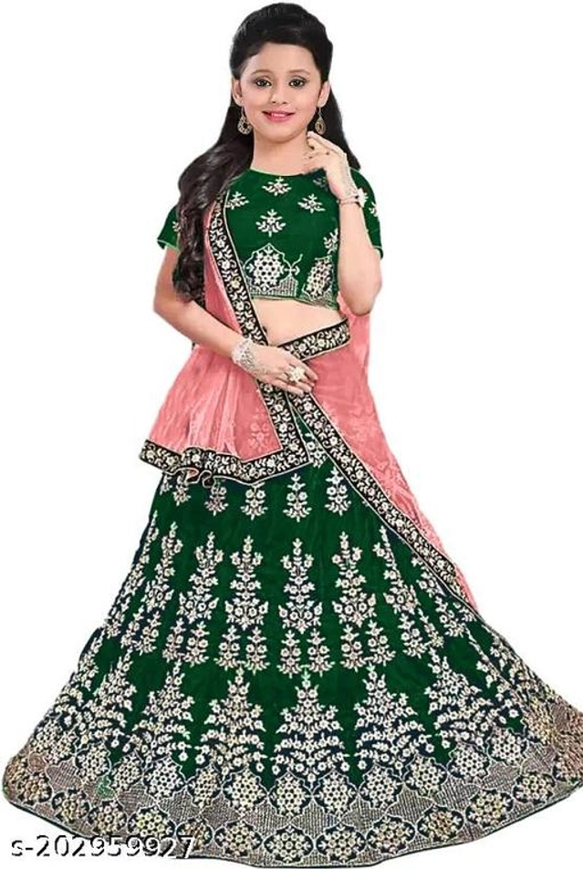 Satin Embroidered Lehenga with Choli & Dupatta for Girls (Green & Pink, 2-3 Years)