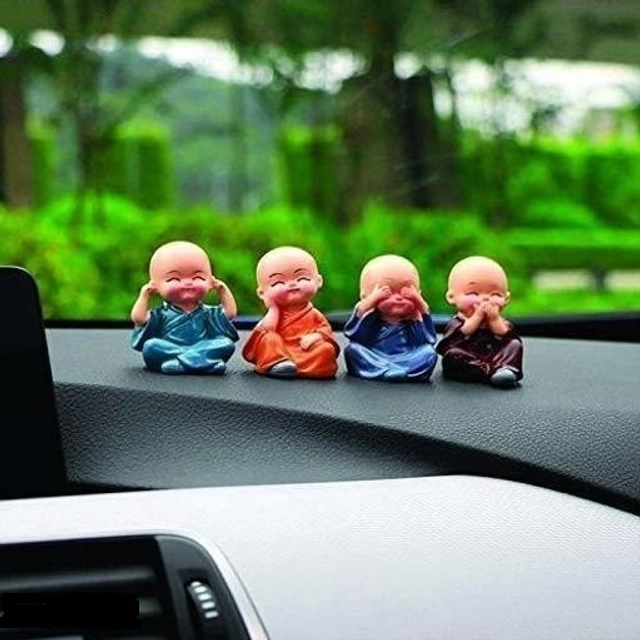 Polyresin Baby Monks Showpiece for Car Dashboard (Multicolor, Pack of 4)