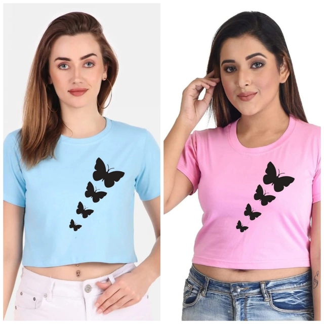 Round Neck Printed Crop T-Shirts for Women & Girls (Aqua Blue & Pink, S) (Pack of 2)