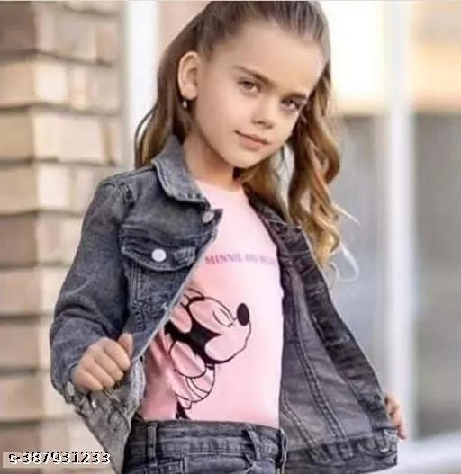 Denim Solid Jacket for Girls (Grey, 5-6 Years)