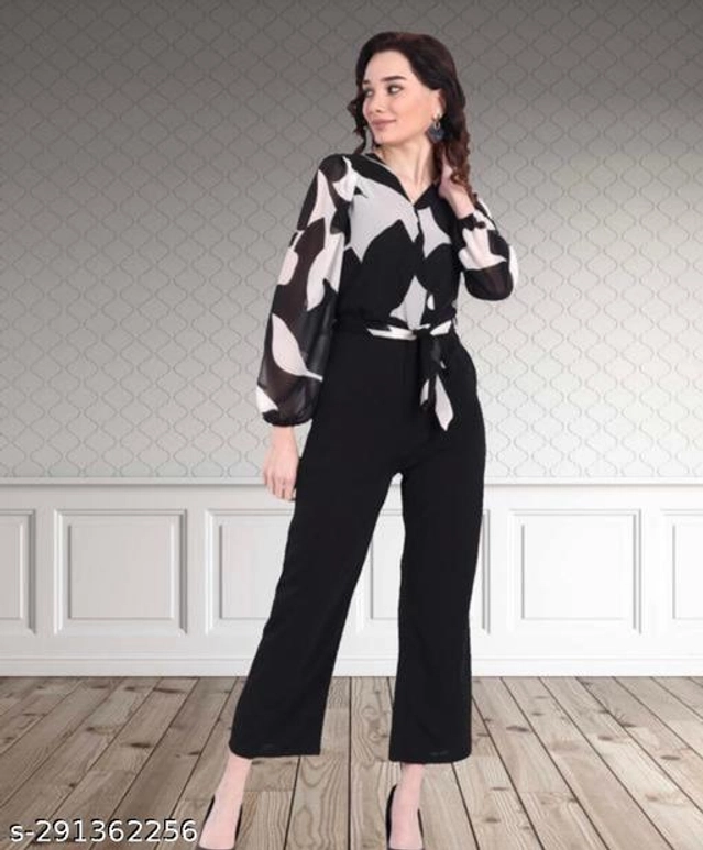 Crepe Printed Jumpsuit for Women (Black & White, Free Size)