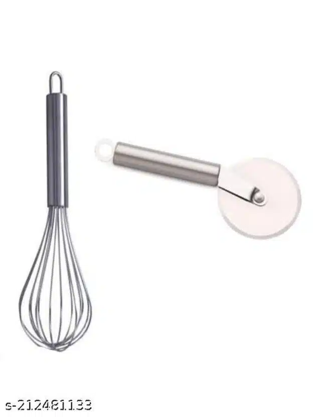 Stainless Steel Egg Beater with Pizza Cutter & Masher (Silver, Set of 3)