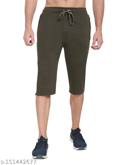 Cotton Blend Three Quarter Pants for Men (Olive, 30)