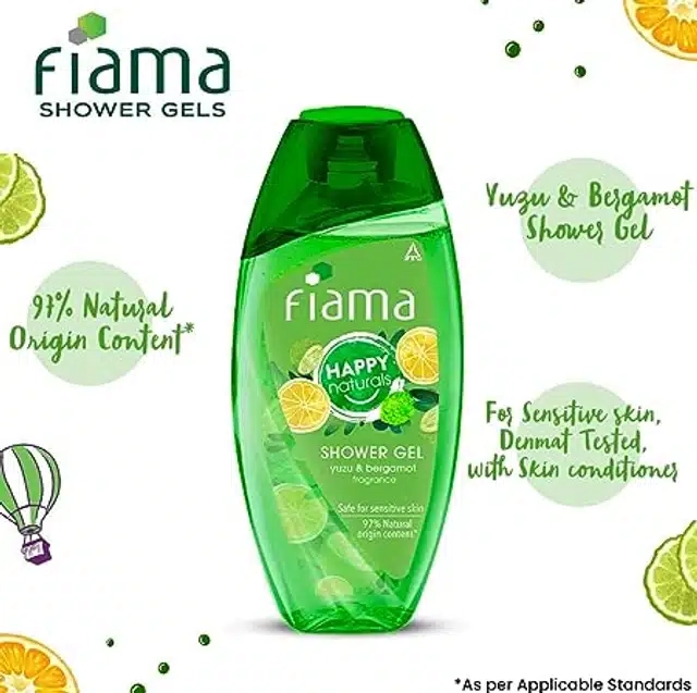 Fiama Happy Naturals shower gel, yuzu and bergamot with 97% natural origin content, skin conditioners for moisturized skin 250 ml