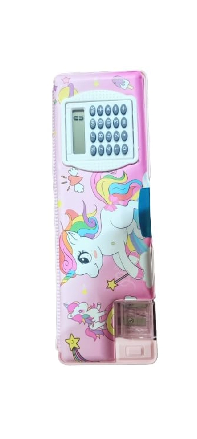 MINDFIT Unicorn Calculator Geometry Pencil Box with Magnetic Lock Dual Pencil Sharpener Geometry Box (Pink, Pack of 1)