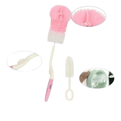 Combo of Nipple & Bottle Cleaning Brushes (Pink & White, Set of 2)