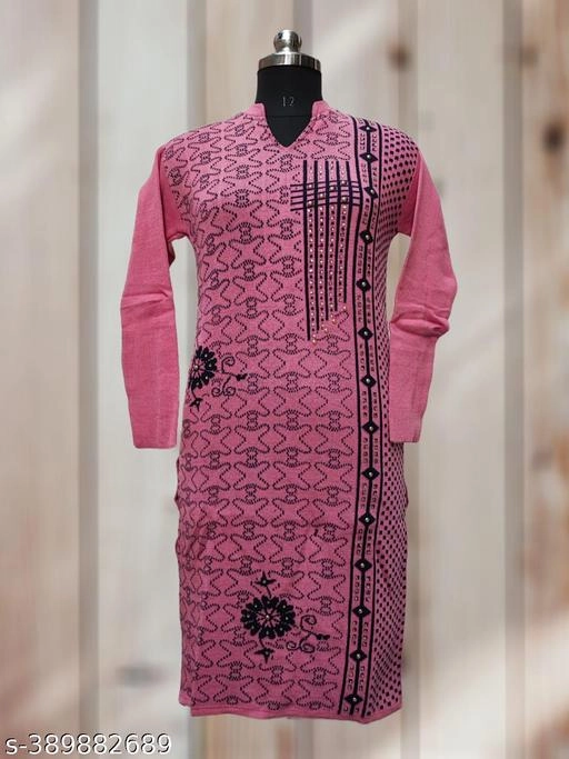 Woolen Printed Kurti for Women (Pink, Free Size)