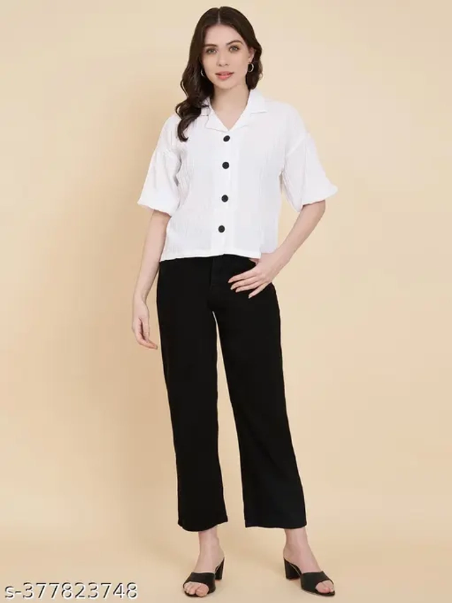 Cotton Blend Solid Shirt for Women (White, S)