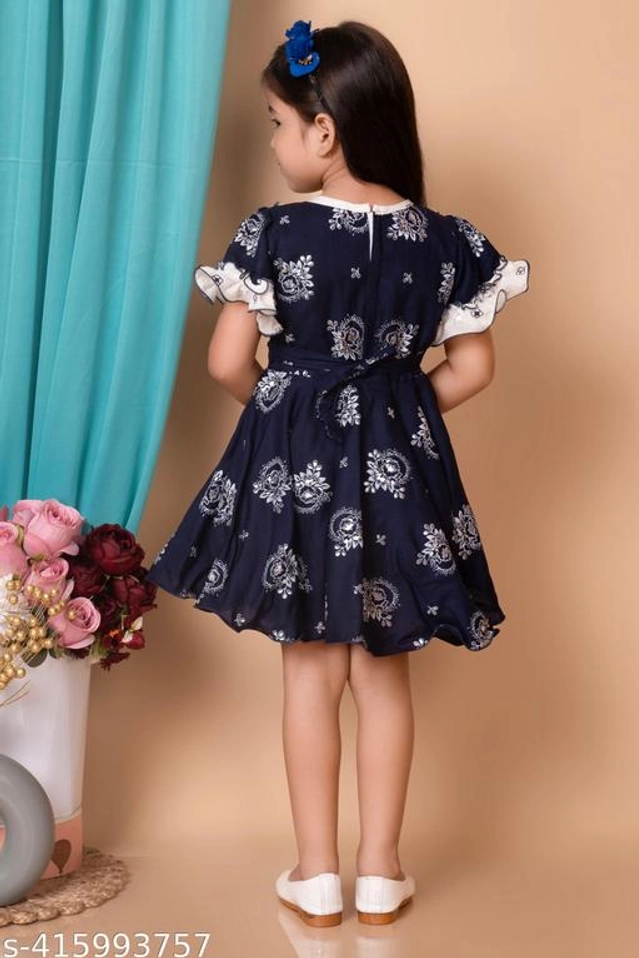 Cotton Printed Frock for Girls (Navy Blue, 1-2 Years)