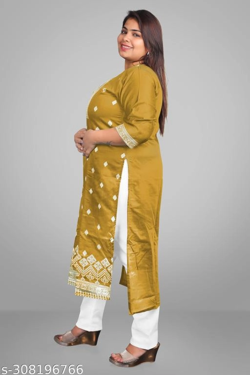 Chanderi Cotton Embroidered Kurti with Pant for Women (Mustard, XL)