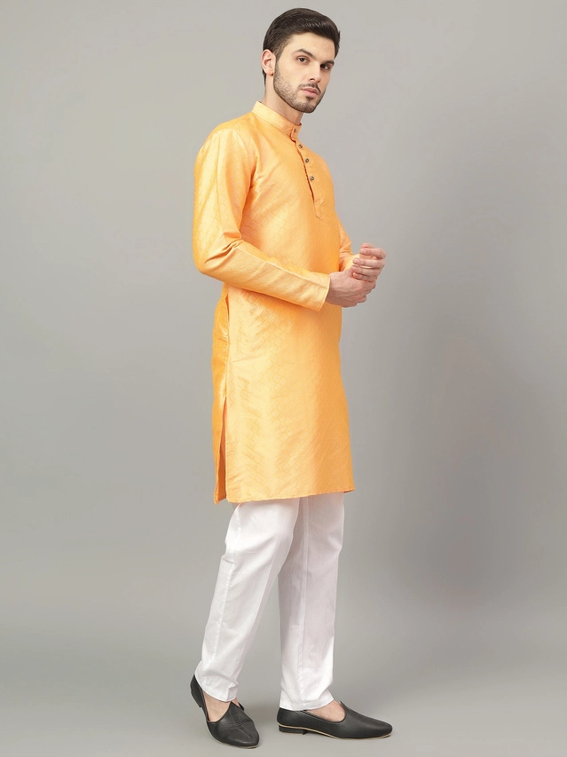 Jacquard Solid Kurta with Pant for Men (Yellow, S)