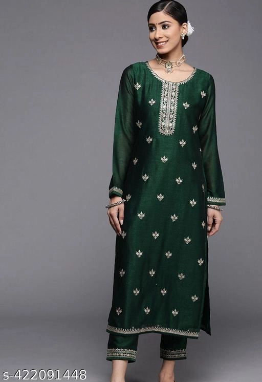 Art Silk Embroidered Kurti for Women (Green, XS)