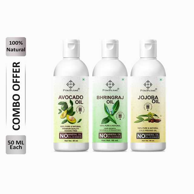 Puriflame Pure Avocado Oil (50 ml), Bhringraj Oil (50 ml) & Jojoba Oil (50 ml) Combo for Rapid Hair Growth (Pack Of 3) (B-8942)