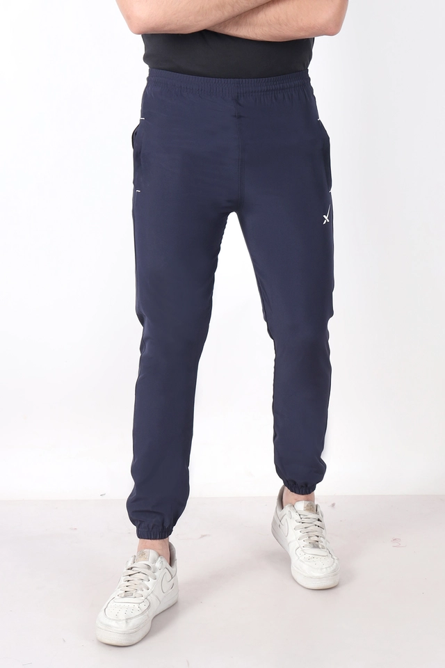 Cotton Blend Slim Fit Trackpants for Men (Blue, L)