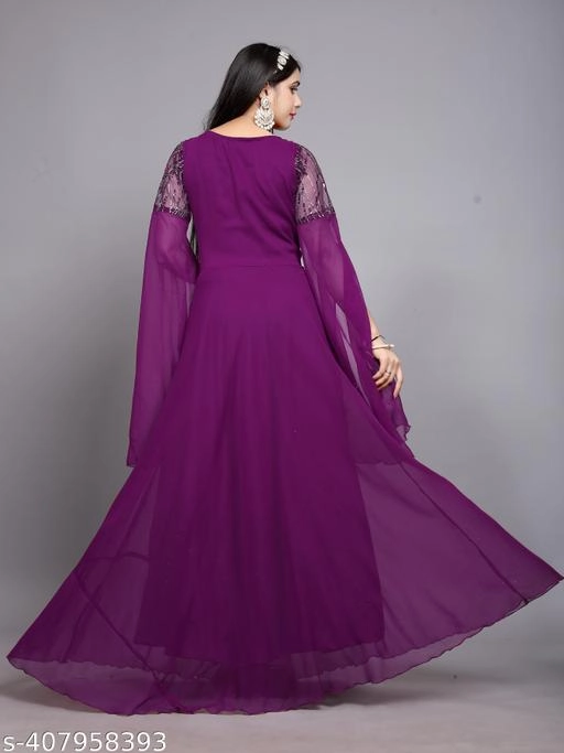 Georgette Embellished Gown for Women (Wine, S)