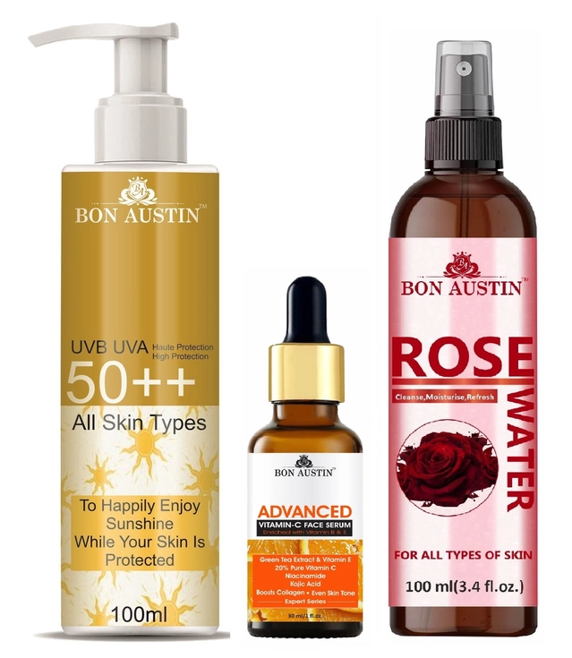 Bon Austin Broad Spectrum SPF Sunscreen Lotion (100 ml) with Advance Vitamin C Face Serum (30 ml) & Natural Rose Water (100 ml) (Set of 3)