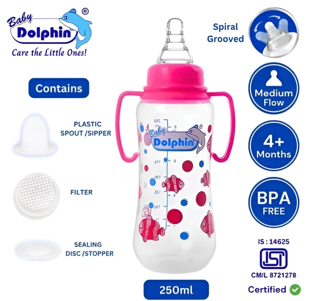 Baby Dolphin Anti-Colic Plastic Feeding Bottle 250ml with Handle | Pack of 1 |Liquid Silicone Nipple | BPA Free & Non-Toxic | Anti-Colic | Baby Feeder | Baby Milk Bottle