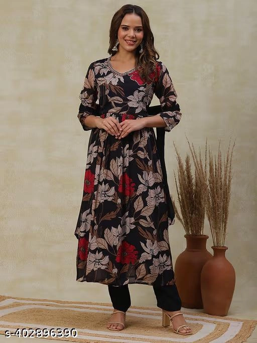 Viscose Rayon Printed Kurti with Palazzo & Dupatta for Women (Black, M)